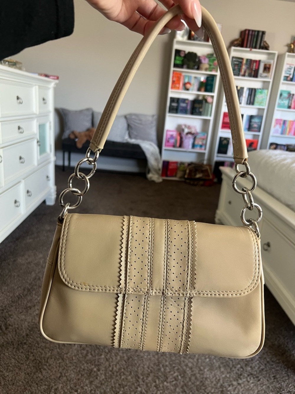 Talbots Cream Shoulder Bag with Silver Ring-Link Strap